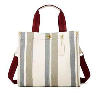 Striped Canvas Tote Bag Burgundy Straps Gold Hardware Women's Shoulder Bag